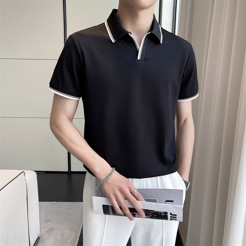 High-Quality Mulberry Silk Men's Polo Shirt V-Neck Short-Sleeved Breathable Anti-Wrinkle T-Shirt Business Casual Lapel Top Handsome