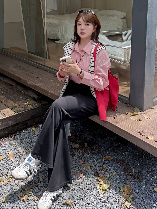 伊诺大码女装黑色微喇弹力休闲裤2025秋高腰修身显瘦长裤313132|undefined