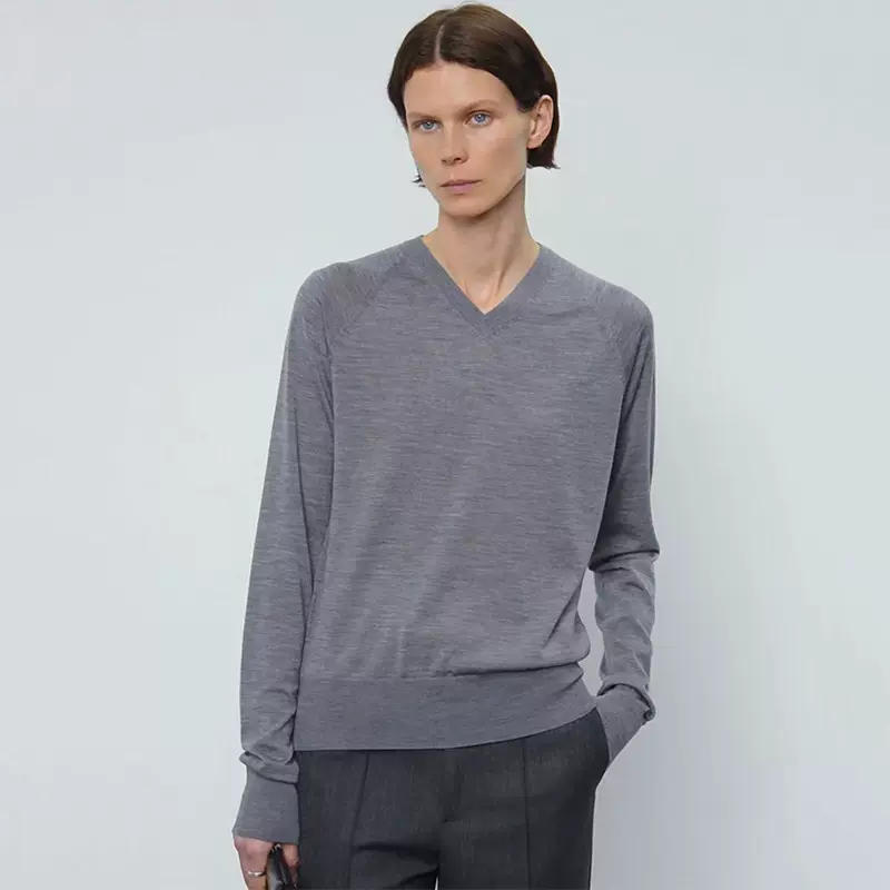 春秋新款M Biella扬子超细羊毛 Pho*be风极简时装V领毛衣打底衫女