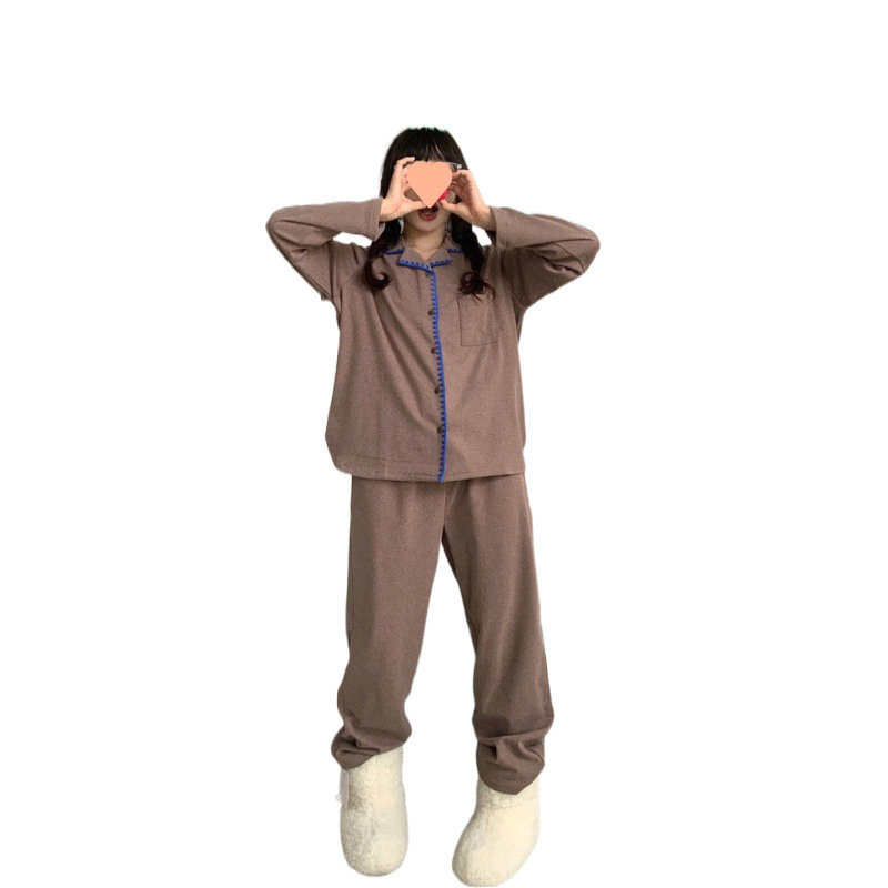 한국식 INS 간단한 명암 벨벳 따뜻한 잠옷 여성의 가을과 겨울 기모 두꺼운 달콤한 단색 홈 의류 세트