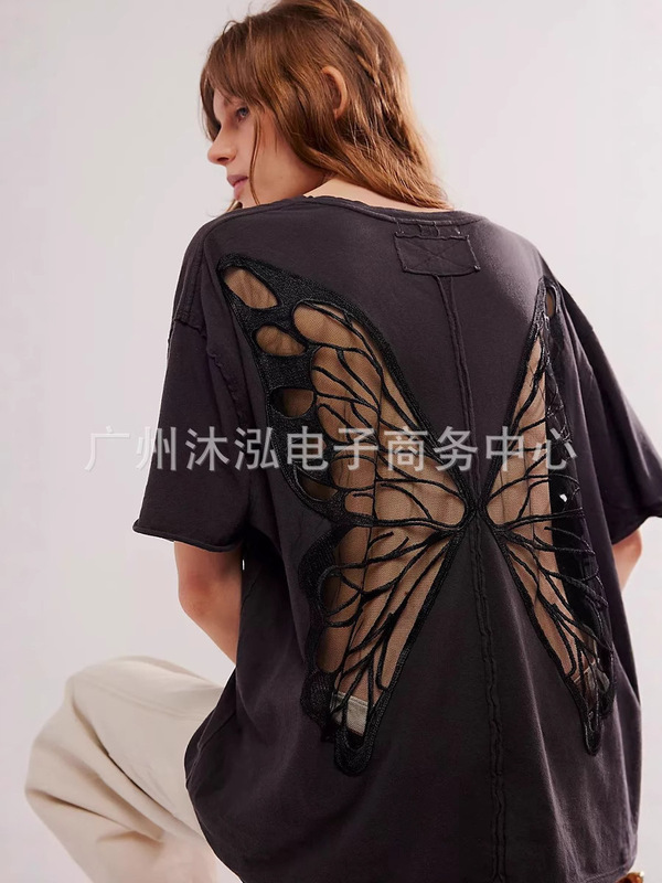 2025 Amazon AliExpress ストリート中空蝶ホットガールスタイルインルーズショートラウンドネック Tシャツ|undefined