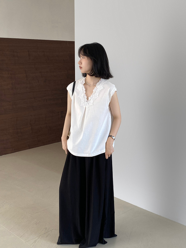 Jiangzuo 韓国スタイルのシンプルな気質ヘビーデューティレーススプライシングシャツ女性のための 2025 新しい多用途白シャツ 1605|undefined