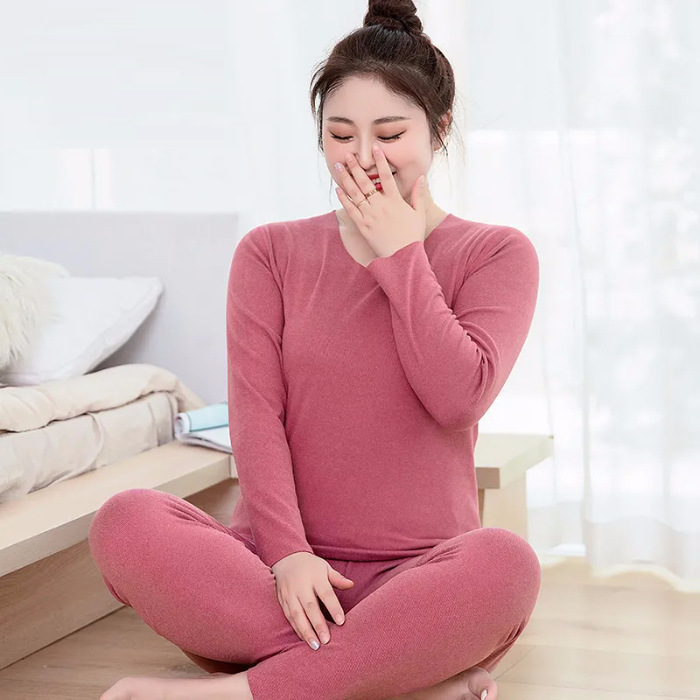 2025 invierno sin marcas de terciopelo calentamiento ropa interior pijamas para mujeres para aumentar el peso calentamiento base de cuello redondo conjunto de ropa para el hogar