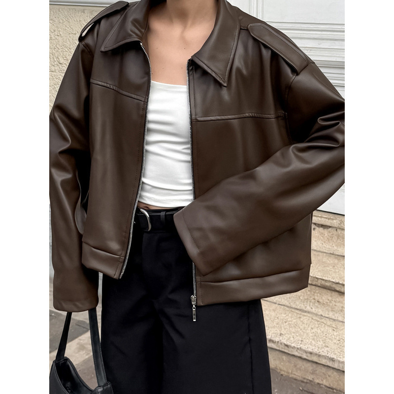 2025 Autumn and Winter Women's European and American Cross-Border Motorcycle Style Loose Lapel Long-Sleeved Zipper Bomber Jacket Leather Jacket