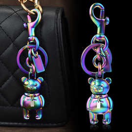 创意金属炫彩小熊个性汽车包包钥匙挂饰 卡通铃铛钥匙链配饰批发