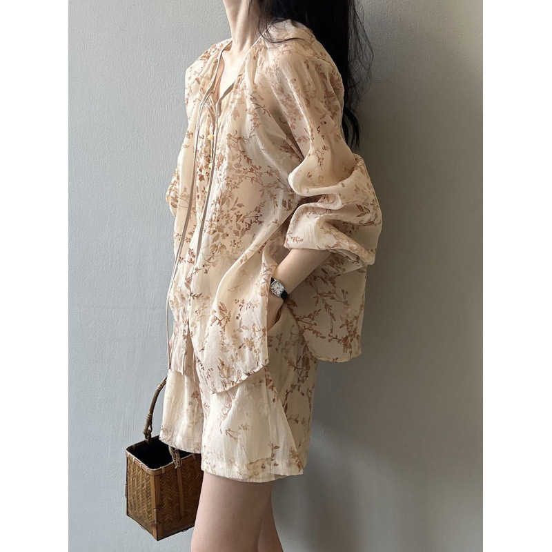 新しい中国風の女性用スーツ夏の新しいレトロな長袖カジュアルファッションハイウエストワイドレッグショーツ女性用2点セット|undefined