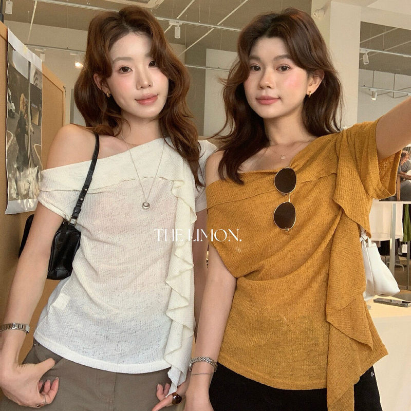 Lemon Green Tea Summer Style Asymmetrical Shoulder Ruffle Textured Knit Top for Women, Short-Sleeve Versatile Blouse Lemon Green Tea Summer Style Asymmetrical Shoulder Ruffle Textured Knit Top for Women, Short-Sleeve Versatile Blouse