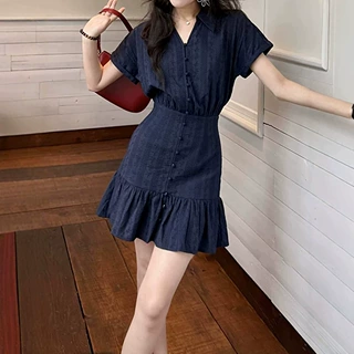 【蓝调笔记】藏青色miu系立体提花少女感减龄法式连衣裙