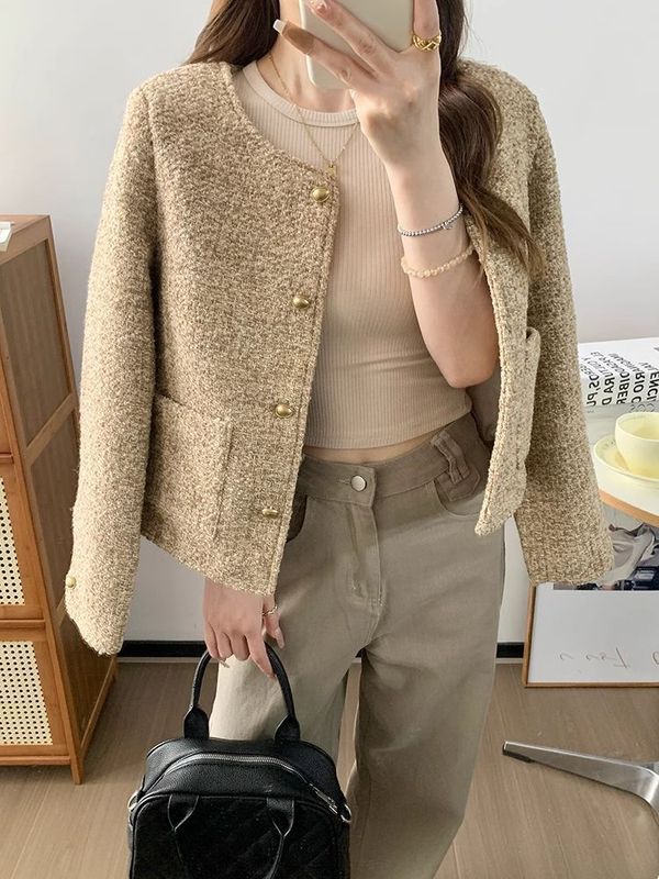 编织粗花呢小香风短外套女2025春秋感小个子圆领垫肩上衣热卖批发|undefined