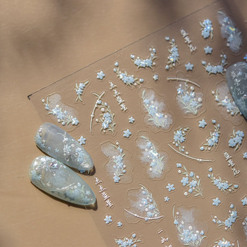 Shell Light Blue Star Flower Nail Art Sticker Embossed 5D New 3D Popular Ins Small Flower Nail Sticker Decoration