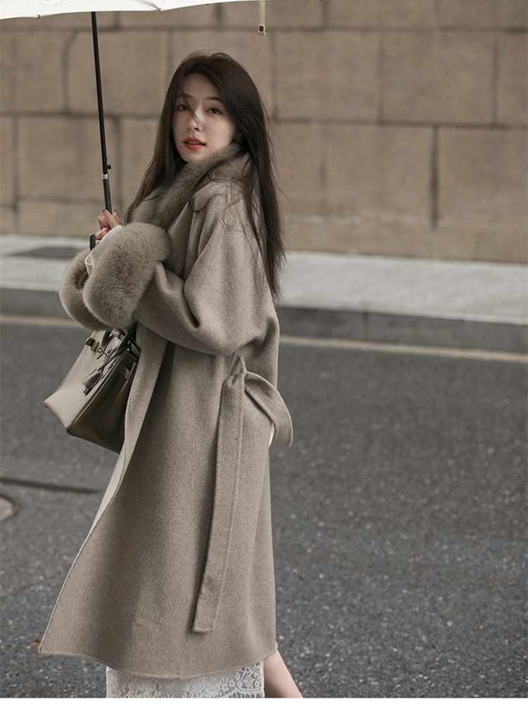 スノーフォックスコート 25 秋冬新フォックスファー V ネック両面カシミヤウールコート女性のミッドレングスの気質コート