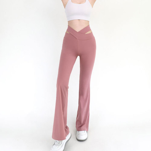 Nude hollow cross-over micro-flare yoga pants for women, high-waisted, slimming butt-lifting, slim-fitting sports casual wide-leg fitness pants