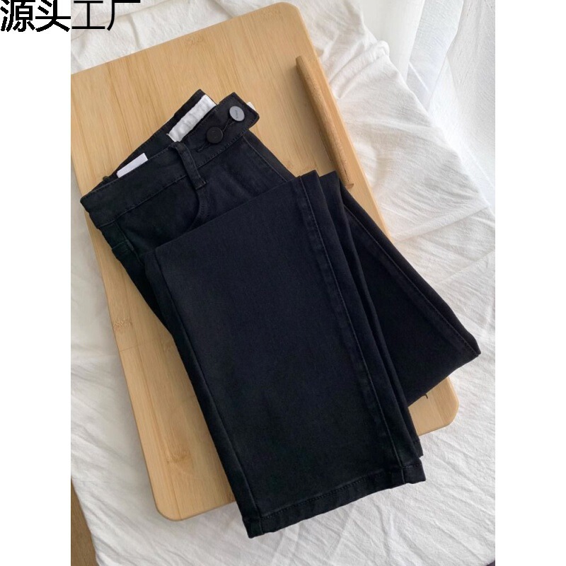 Black Slim Look Straight Cropped fleece-lined Jeans Women's plus size Autumn and Winter chubby girl High Waist Stretch Cropped Smoke Tube Pants