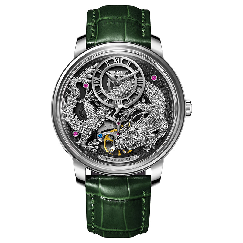 Đồng hồ nam automatic lộ máy chống nước dây da — Hoa hồng vỏ hoa hồng da đen, Hồng vỏ Hồng Long Blue Skin, Hoa hồng vỏ hoa hồng da xanh, Hồng Shell Green Dragon Da đen