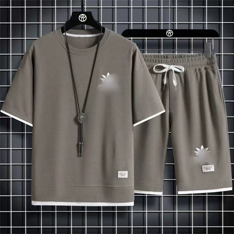 Трансграничные летние новые вафли с короткими рукавами наряд для мужчин повседневный спортивный набор свободные дышащие шорты набор оптом