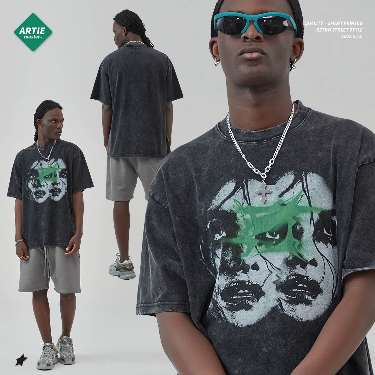 ARTIE camiseta de los hombres digital inyección directa horror caza vintage desgastado manga corta Camiseta suelta lavado viejo T