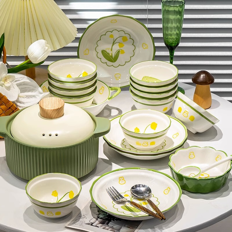 Underglaze ceramic tableware household rice bowl small fresh Bowl plate suit Lily Green plate soup bowl gift box full set