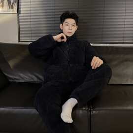 保暖穿的冬季新款睡衣男士珊瑚绒夹棉拉链长袖长裤加厚家居服套装