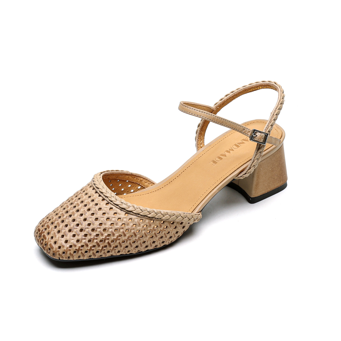 Giày sandal cao gót nữ quai ngang mũi tròn da bò, gót 5 cm — đen chi tiết 26