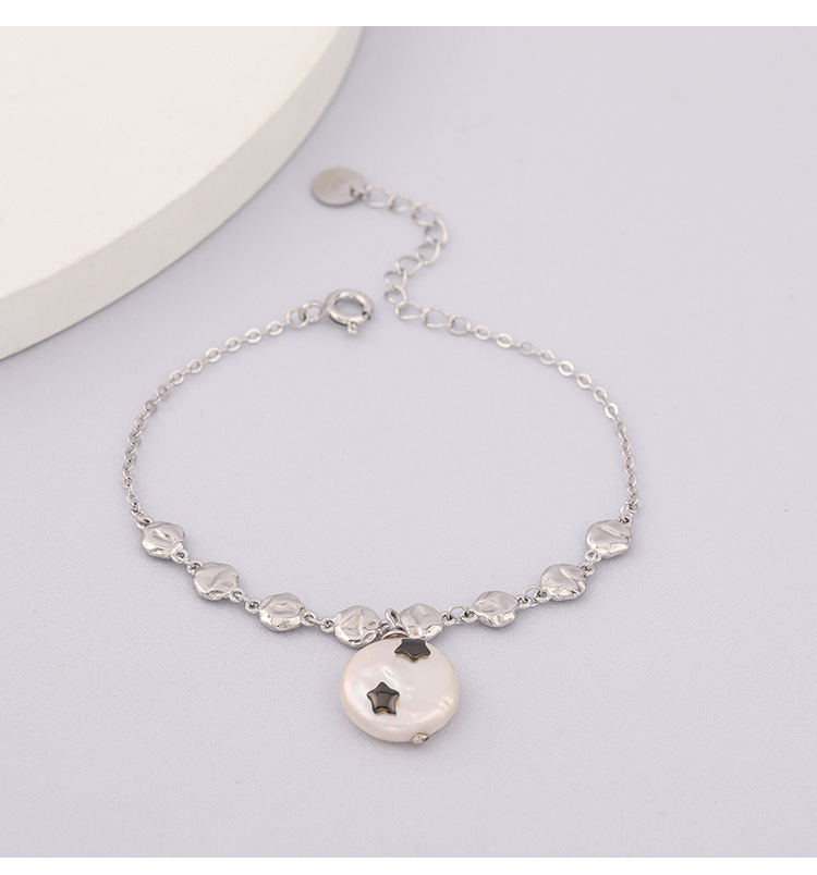 Baroque Button Star S925 Silver Fashion Personality Stitching Round Folds Pearl Bracelet display picture 6