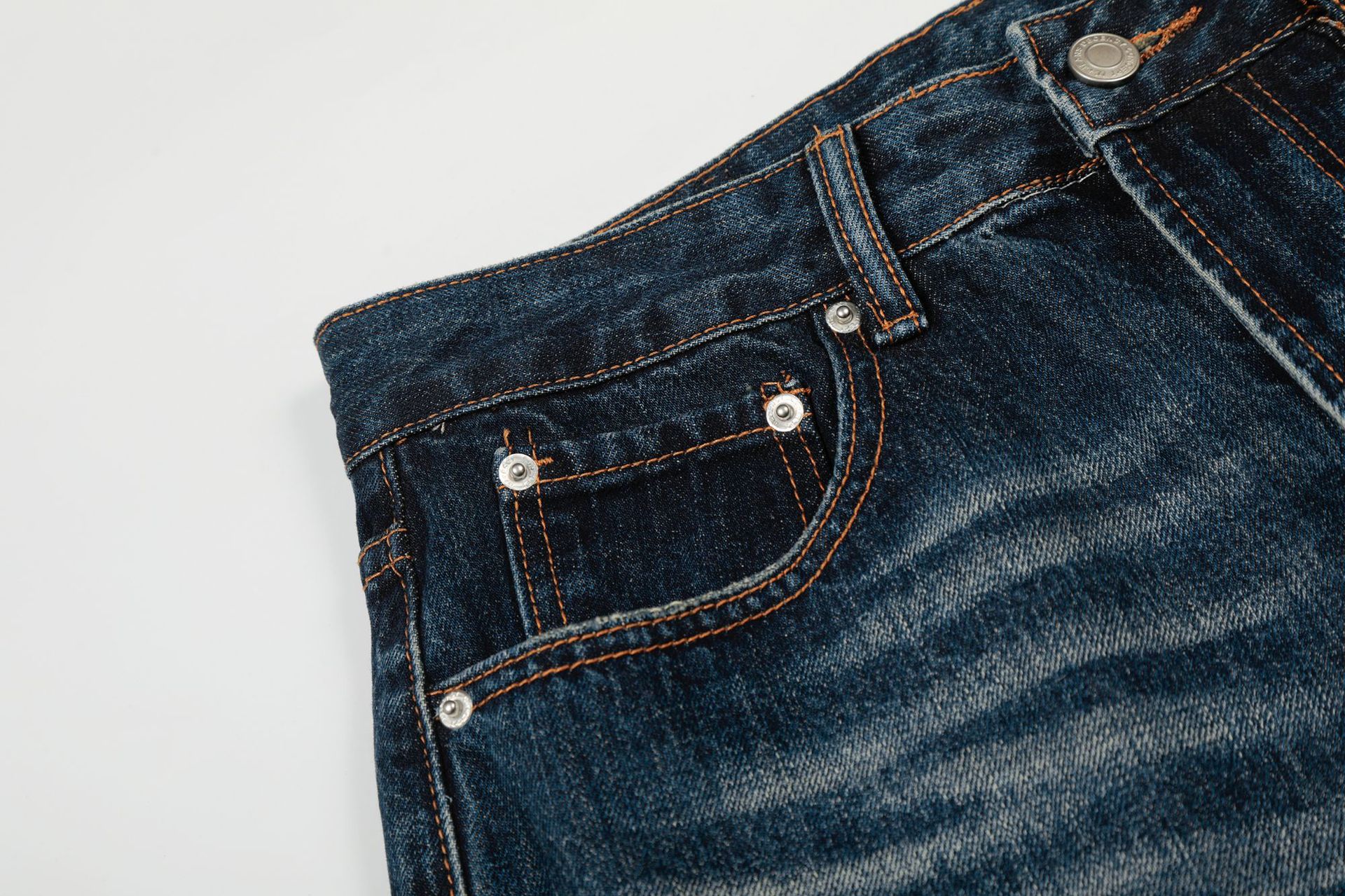 Men's Loose Fit Straight Leg Jeans Deep Blue Denim King Whisker Pattern High Street Style High End Feel_viptrois.com