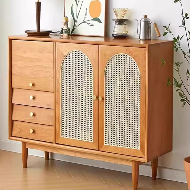 Japanese Solid Wood Sideboard Integrated Wall-Mounted Rattan Storage Cabinet Nordic Modern Simple Light Luxury Cherry Wood Storage Cabinet