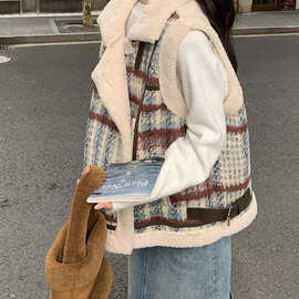 格纹皮毛一体马甲女春秋新款新品复古时髦小个子 外套潮其他