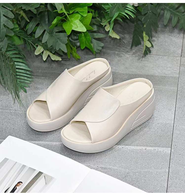 Dép lê quai ngang đế xuồng da thật, gót cao 7 cm, phong cách thời trang mùa hè — Màu đen chi tiết 13
