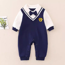 新生婴儿连体衣秋季纯棉男长袖衣服假两件爬服宝宝绅士哈衣学院风