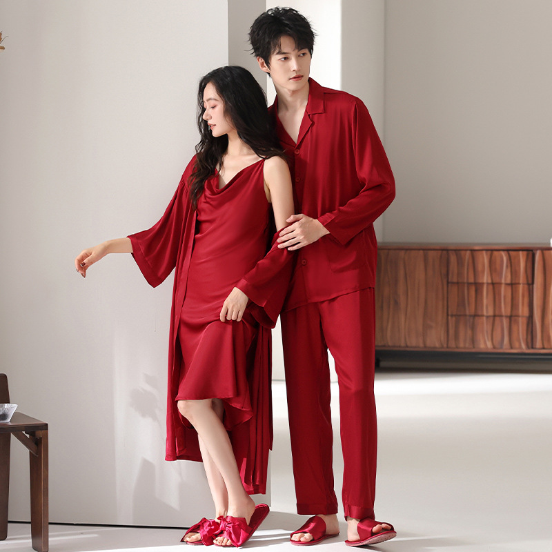 Red Wedding Pajamas for Newlyweds, Ice Silk Suspender Dress and Robe Two-Piece Set, Wedding Gift for the Bride and Groom Red Wedding Pajamas for Newlyweds, Ice Silk Suspender Dress and Robe Two-Piece Set, Wedding Gift for the Bride and Groom