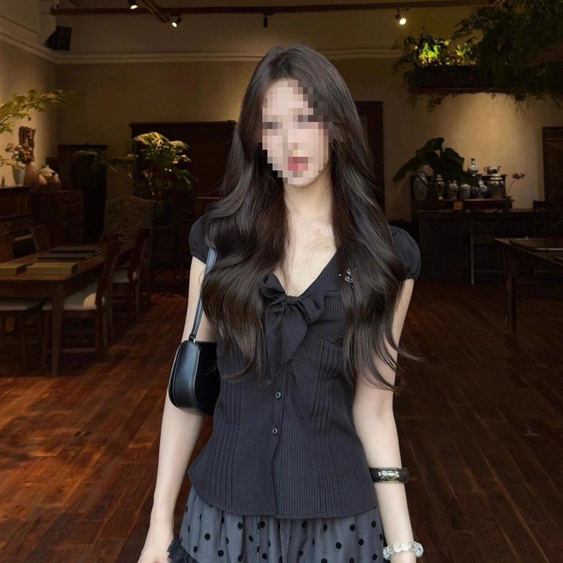 韩系黑色蝴蝶结收腰显瘦短袖衬衫上衣女夏季波点显瘦半身裙两件套|undefined