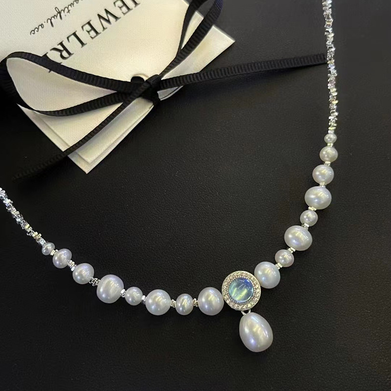 海蓝宝吊坠碎银子珍珠项链s925纯银时尚轻奢天然淡水珍珠锁骨链女