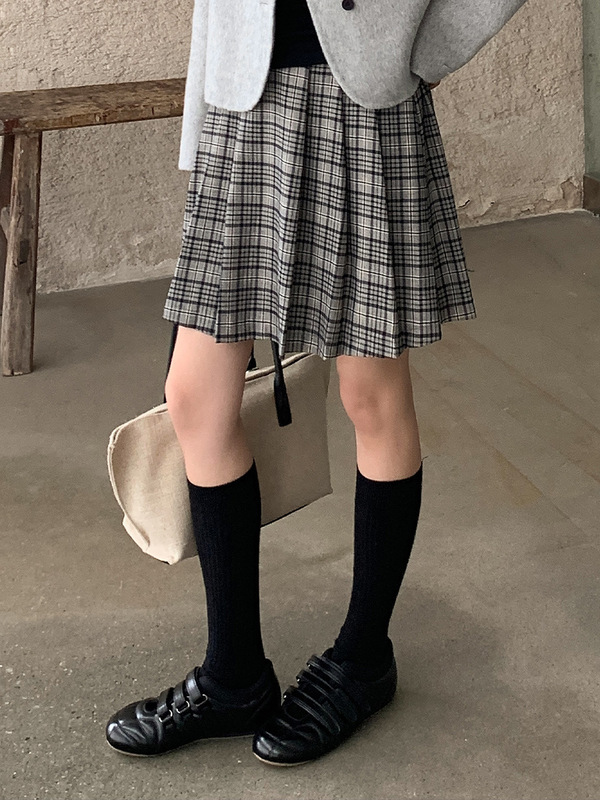 衣尔衫 英伦街道 格纹复古百褶裙半松紧腰半身裙女短裙气质0626|undefined