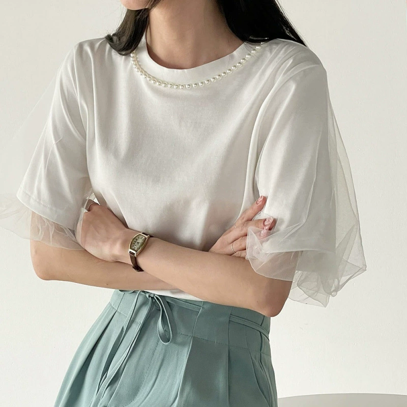 Внешняя торговля оригинальная японская и корейская свободная сладкая жемчужная декоративная сетчатая пряжа фонарь с короткими рукавами хлопчатобумажная футболка женская рубашка летом