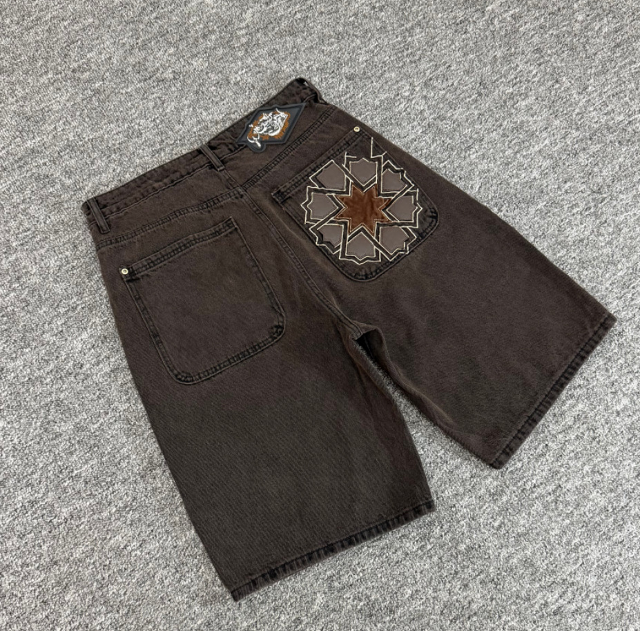 Loso 25Fw Denim Shorts Loose Embroidered Camel