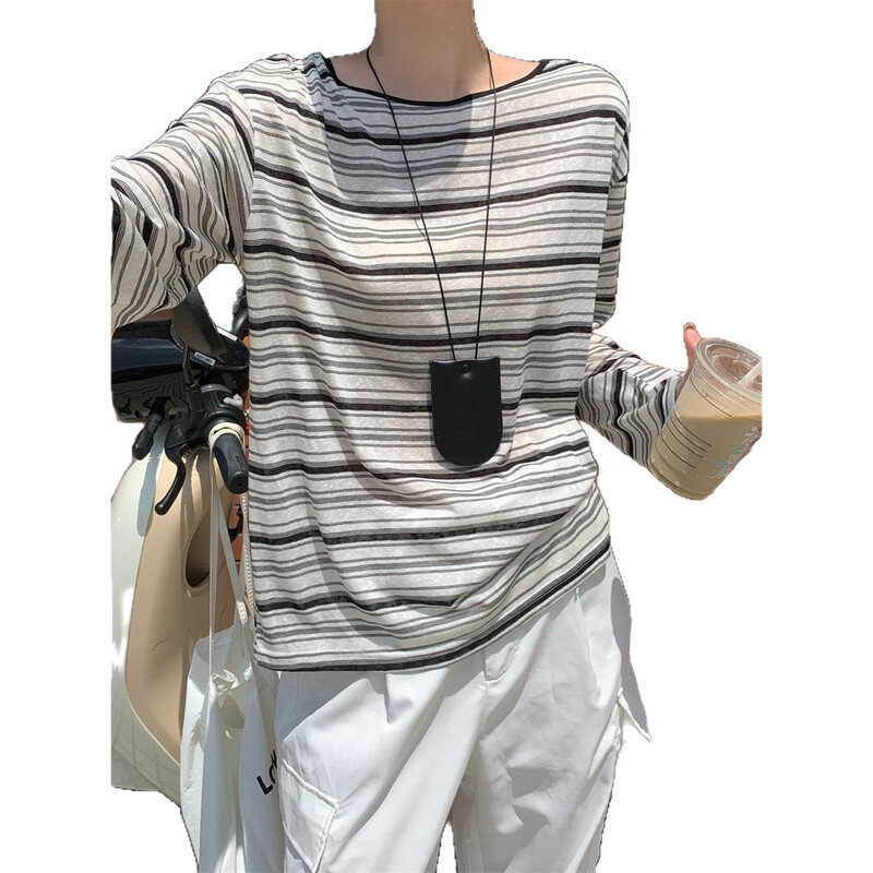 好物2025早秋韩版撞色条纹圆领宽松镂空绑带长袖防晒T恤女装上衣|undefined