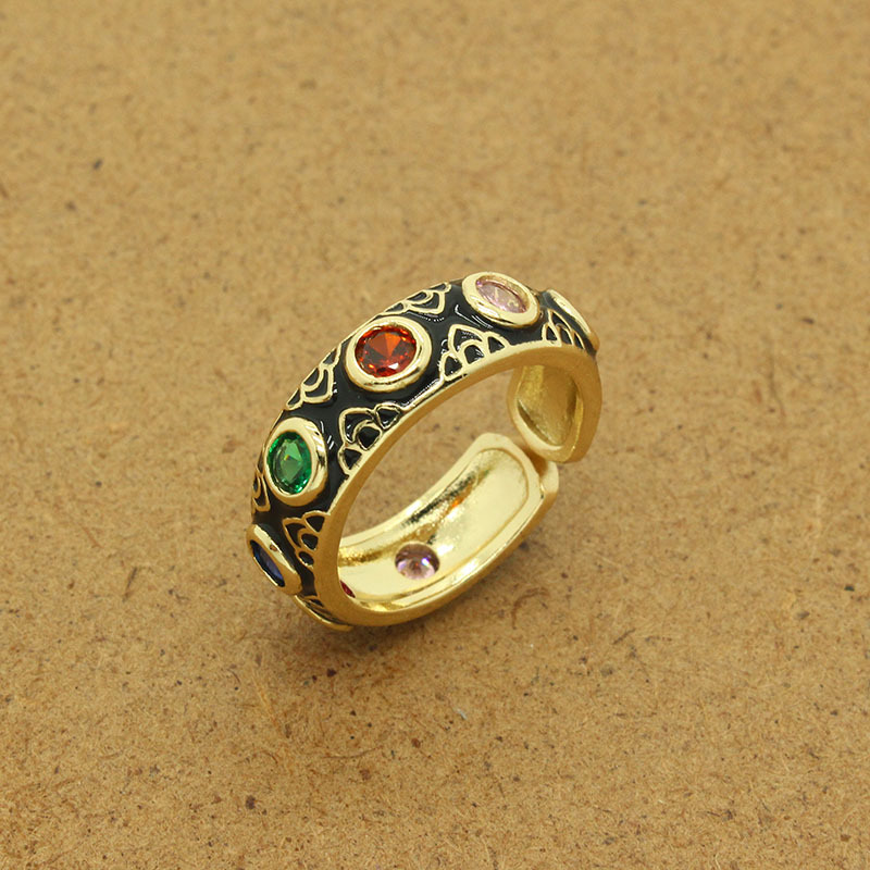 European Cross-border Retro Ethnic Color Zircon Carved Retro Drip Open Ring display picture 3