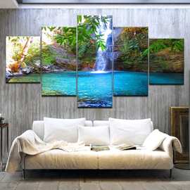 现代简约五联瀑布风景湖泊 喷绘画 创意沙发背景墙装饰画挂画油画