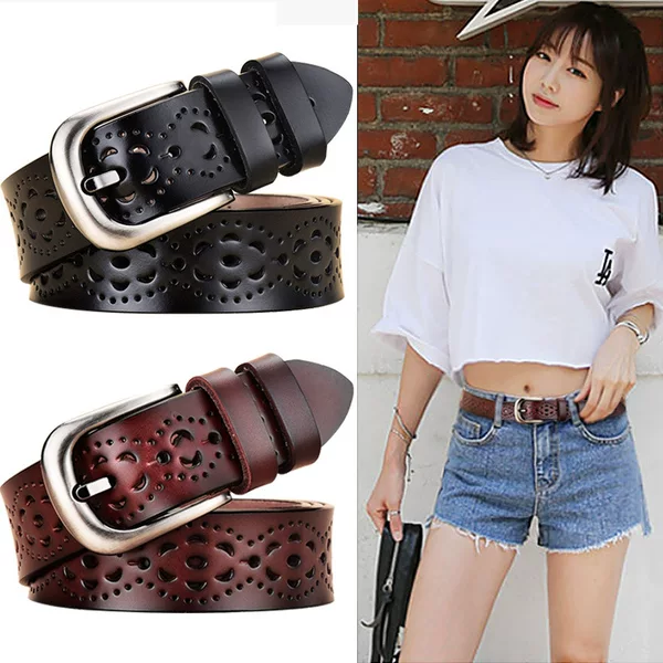 Women's Belt Genuine Leather Retro Versatile Cut Out Belt Women's Decorative Fashion Alloy Pin Buckle Trouser Belt Pure Cowhide