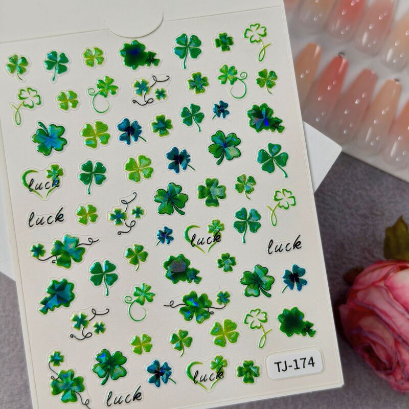 Lucky Clover Nail Art Stickers 5D Embossed Three-Dimensional Fresh Style Aurora Four-Leaf Clover DIY Nail Stickers Tj Model