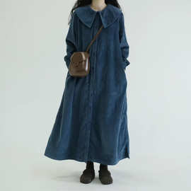 纯色海军领宽松长袖连衣裙女秋装复古灯芯绒氛围感显瘦单排扣长裙