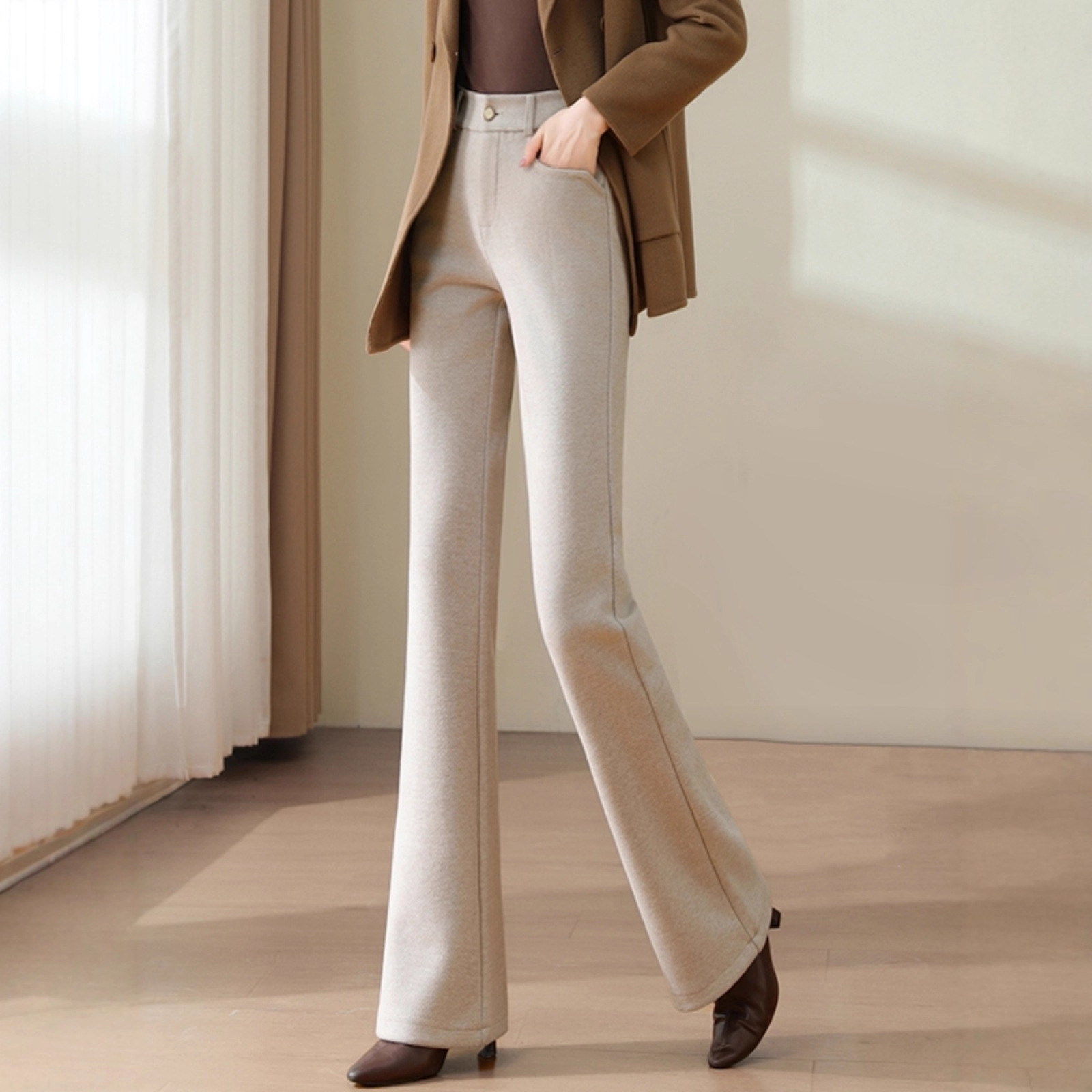 Cashmere Boot-Cut Pants for Women in Autumn and Winter New Style High-Waisted Slimming Look Straight Pants Casual Woolen Suit Flared Pants for Women