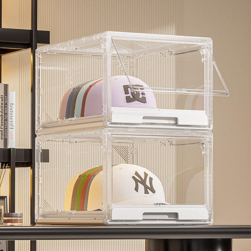 跨境热销棒球帽收纳盒大容量带滑动托盘可折叠透明磁吸门防尘帽盒