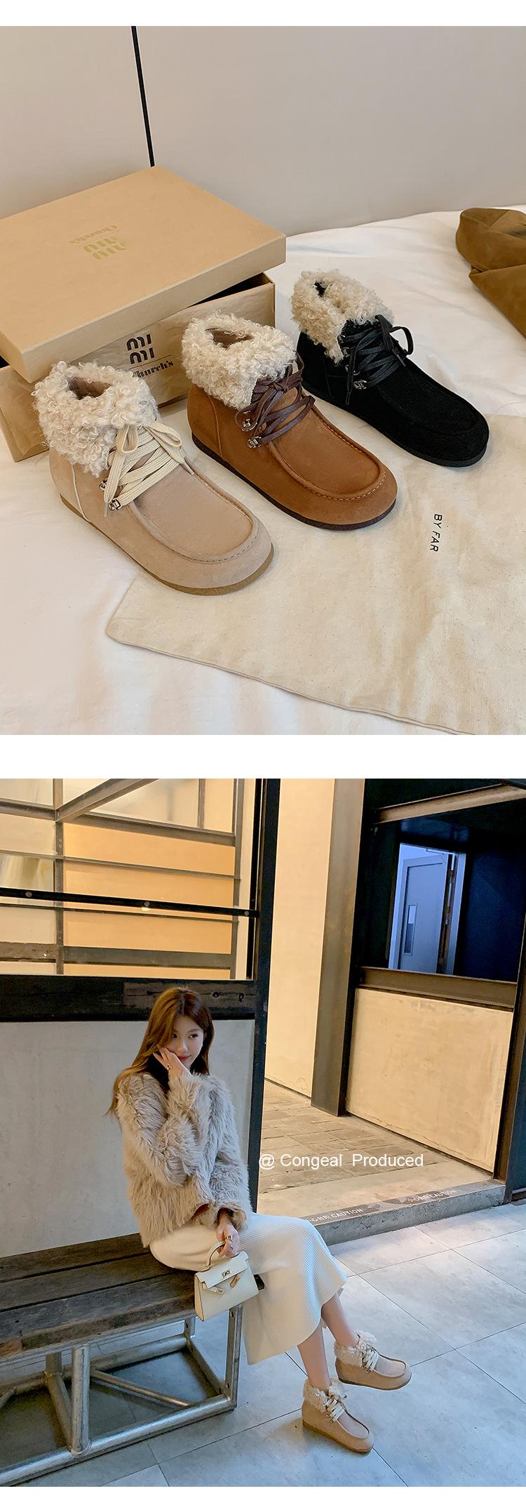 Boot tuyết nữ cổ cao lót lông giữ nhiệt, mũi tròn, dây buộc, tăng chiều cao bên trong — Vàng kem lót đơn, Đen lót nhung, Vàng kem lót nhung, Nâu lót nhung chi tiết 30