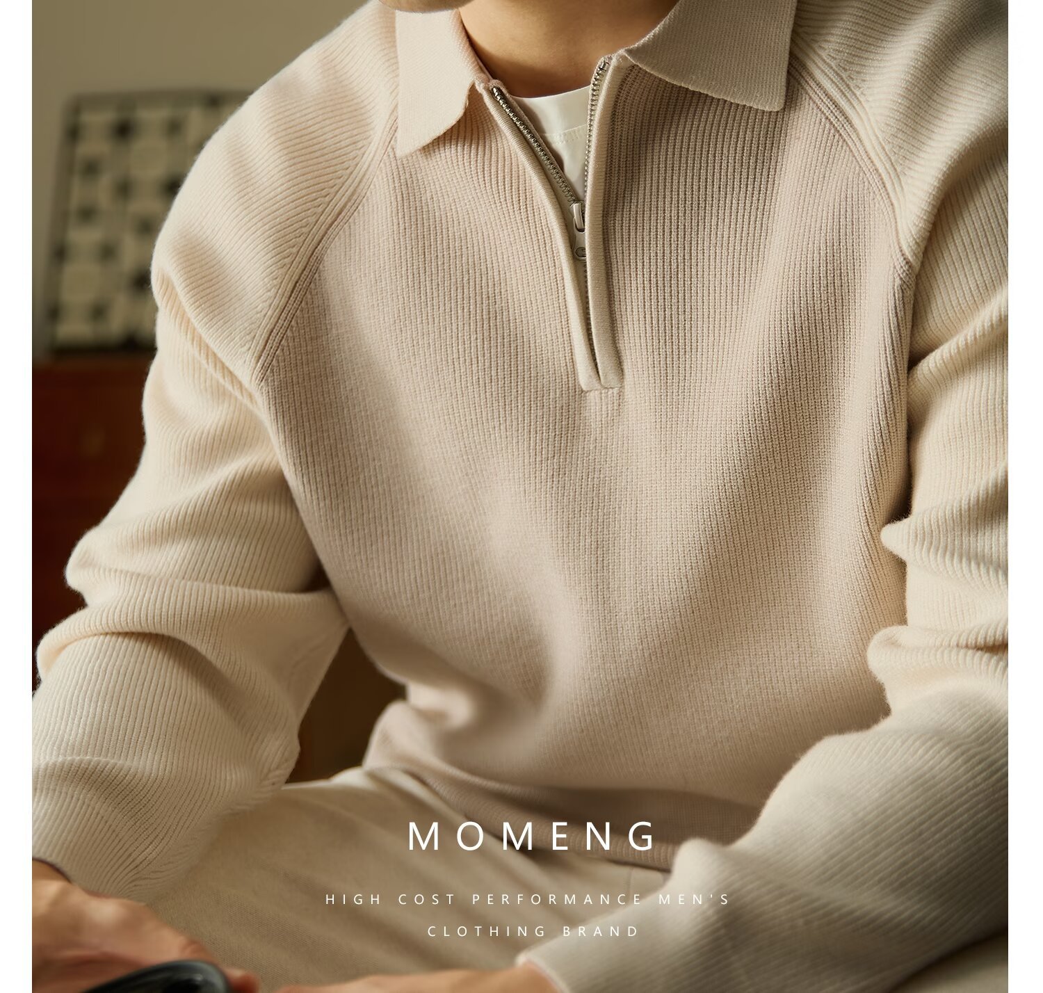 Maglione da uomo con collo a polo e mezza zip, vestibilità slim, maniche raglan, stile casual invernale, con bordi a contrasto_voghion.com