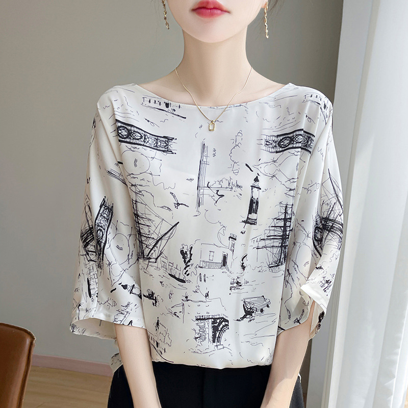 25 New Summer Silk Satin Printed T-Shirts, Feminine One-Line Collar, Three-Quarter Sleeves, Versatile Slimming Look Tops 25 New Summer Silk Satin Printed T-Shirts, Feminine One-Line Collar, Three-Quarter Sleeves, Versatile Slimming Look Tops