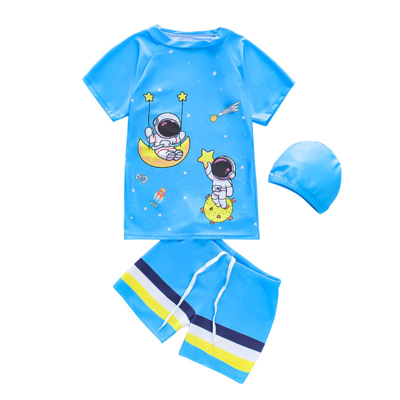 Traje de baño para niños de 2 a 8 años dividido para niños traje de baño de dibujos animados lindo conjunto de dos piezas con gorro de natación traje de baño