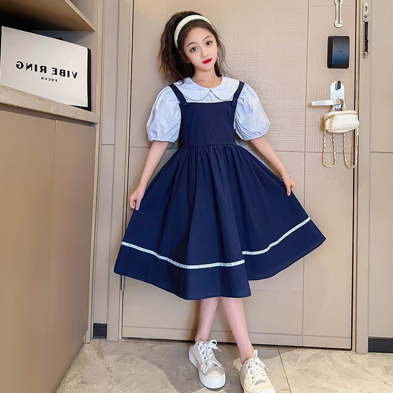 女童连衣裙夏装2023新款韩版中大童洋气时髦学生裙子假两件连衣裙