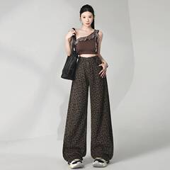 批发美式高街豹纹阔腿牛仔裤女春夏高腰宽松显瘦垂感直筒裤子