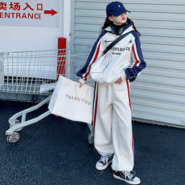 女童运动套装春秋季新款中大童拼色连帽卫衣阔腿裤嵌绳两件套2026